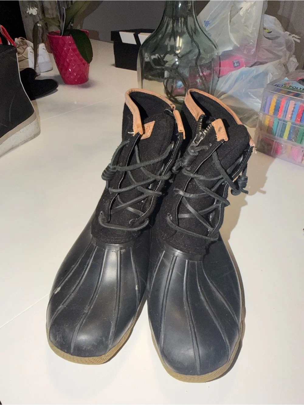 Sperry Black Waterproof Duck Boots with Tan Trim